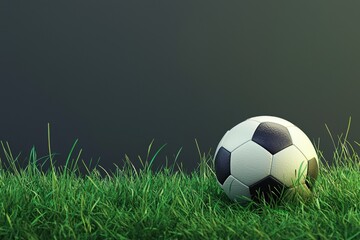 Fototapeta premium Soccer ball resting on vibrant green grass in a quiet outdoor setting, copy space
