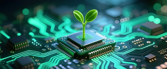Environment and Technology Concept – Green Seedling Growing from Microchip Circuit Board.