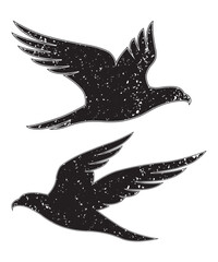 Grunge Flying Bird Silhouettes Vector Illustration.