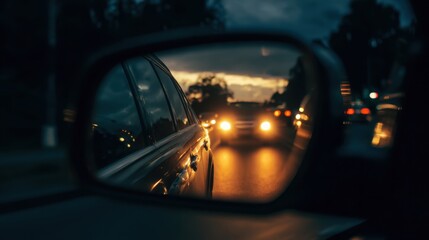 rearview mirror capturing a following car with headlights on, dusk scene, strong cinematic tone, shallow depth of field
