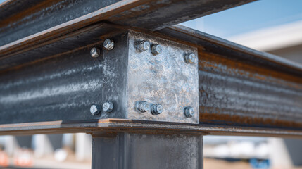 Close-up of reinforced steel beams, textured and reflective surfaces captured under natural light, emphasizing durability and construction utility