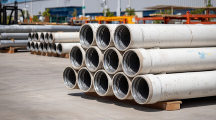 Close-up of neatly stacked gray plastic pipes in a warehouse, smooth surfaces reflecting overhead light, ready for plumbing and drainage applications