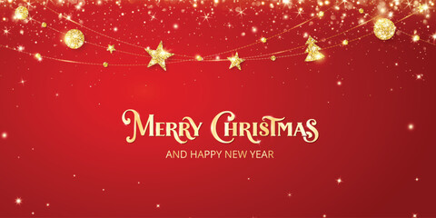 Red Christmas background with golden lettering and sparkling garland decoration. Glittering ornaments, stars and glowing lights. Magical festive holiday design. Vector illustration.