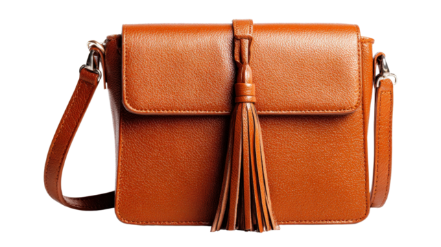 Leather crossbody bag with tassel detail background isolated on a Transparent background, PNG file.