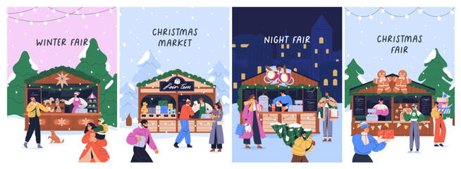 Fototapeta na wymiar Christmas card designs set. Greeting winter holiday seasonal posters. People at market fair, advent shopping, vertical backgrounds. Festive postcards with street booths. Flat vector illustrations.