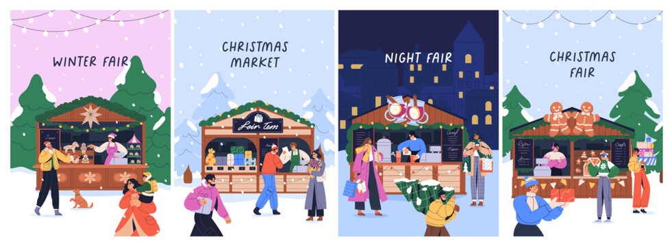 Christmas card designs set. Greeting winter holiday seasonal posters. People at market fair, advent shopping, vertical backgrounds. Festive postcards with street booths. Flat vector illustrations. - Powered by Adobe