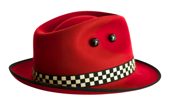 Red pork pie hat with a checkered band a retro fashion statement