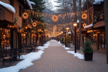 Fototapeta premium Christmas Holiday Village with Snow and Decorations