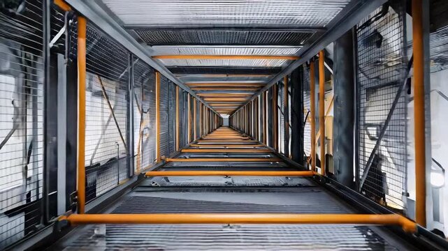 Industrial metal catwalk tunnel with orange safety rails and grated floors, stretching into the distance.