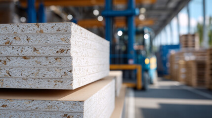 Detailed macro view of stacked drywall, corner edges in sharp focus, subtle imperfections visible, industrial site environment softly illuminated