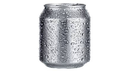 aluminum can with water droplets condensation on cold metal surface refreshing beverage container isolated on white background