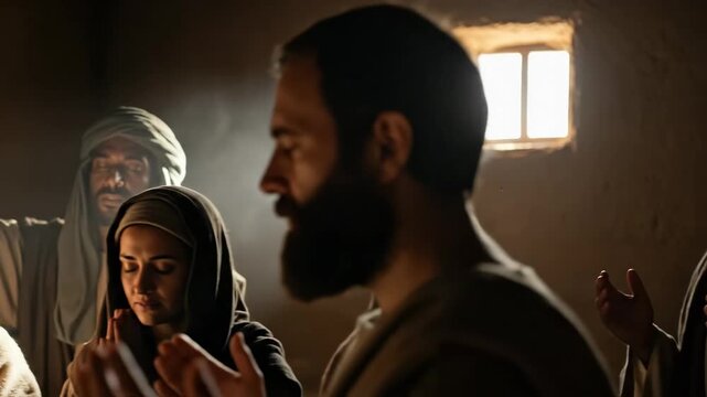 People in biblical robes praying with hands raised and together in a room with a window, religious scene footage.