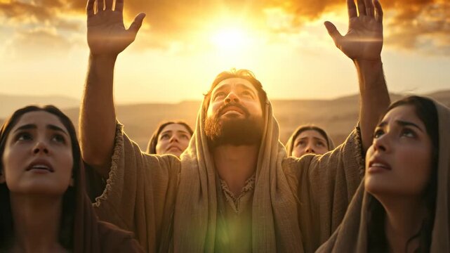Man raising hands in prayer with women at sunset, biblical times, apostles, worship, holy spirit, religious footage