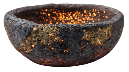 Smoldering seeds in ceramic bowl, glowing ember detail, isolated on white background