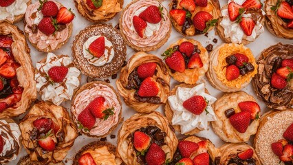 Fototapeta premium Abstract image of sweet pastries, background, side view from above showcasing beautiful delicious fillings, bright colorful pastry cakes, sweets with fresh strawberries and fudge.