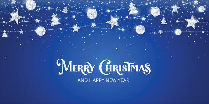 Blue Christmas background with silver lettering, glowing confetti and diamond ornaments. Magical winter night frame with snowflakes and glitter lights for festive holiday greeting design. Vector.