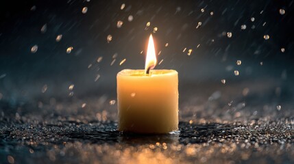 Single candle flame resisting water drops falling around it, dark cozy background, symbol of hope and resilience