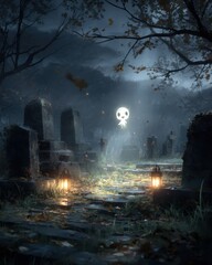 Fototapeta premium Atmospheric spooky scene showing translucent ghost child in cemetery under moonlight, glowing lanterns and shadows, detailed leaves and fog, haunting yet gentle digital art