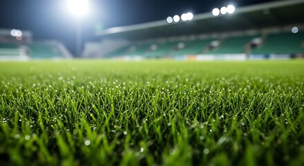 A close up view of a lush green sports field with stadium seating and bright stadium lights at night