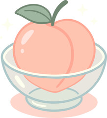 A flat pastel illustration of a peach in a glass bowl, symbolizing freshness, simplicity, and sweet summer vibes.