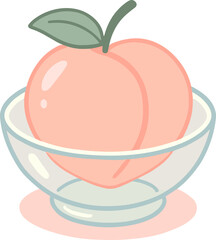 A flat pastel illustration of a peach in a glass bowl, symbolizing freshness, simplicity, and sweet summer vibes.