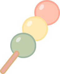   A flat minimalist illustration of a pastel-colored dango skewer with three mochi balls symbolizing Japanese sweets and cozy dessert aesthetics.