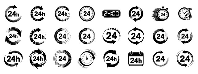 24 hours service icon set with clock, arrow and calendar symbols, black vector illustrations 
