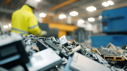 E-waste pile in recycling facility with worker in background. Responsible tech recycling for sustainability & circular economy. Precious metal recovery & material reuse.