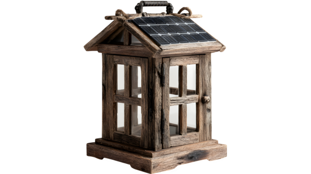 Solar powered garden lantern (variation), rustic outdoor style with glass panels, isolated on white background