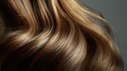 Naklejka premium smooth brown hair strands forming elegant wave pattern, neutral gray backdrop, cinematic lighting, fine texture details
