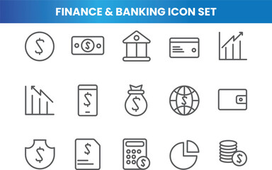 Finance and Banking Icons Set. Money, Investment, and Business Symbols in Modern Line Style, Editable Vector Illustration
