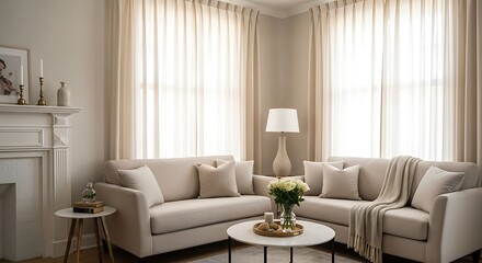 Elegant Living Room Interior with Neutral Tones and Natural Light.