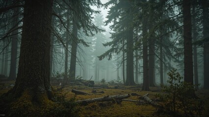 Obraz premium Fog-shrouded thick coniferous woodland with tall trees and misty atmosphere.