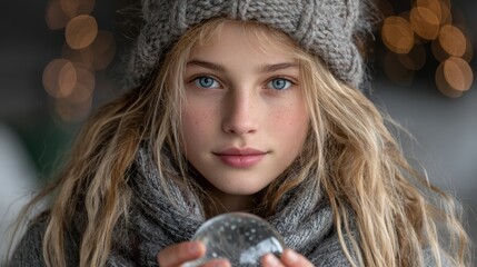 a girl holding a snow globe in her hands