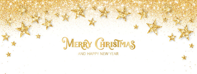 Golden glitter stars and confetti on white background. Merry Christmas lettering. Shiny festive border frame for Christmas and New Year greeting banners and celebration design. Vector.