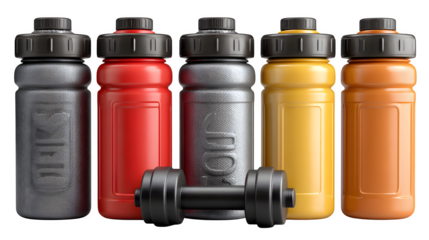 Sports equipment in water bottles, stylized fitness design, isolated on white background