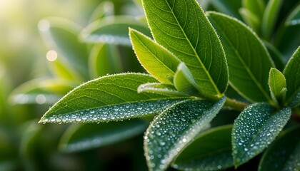 Close up of green leaves covered in water droplets in sunlight