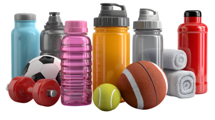 Sports equipment in water bottles, stylized fitness design, isolated on white background