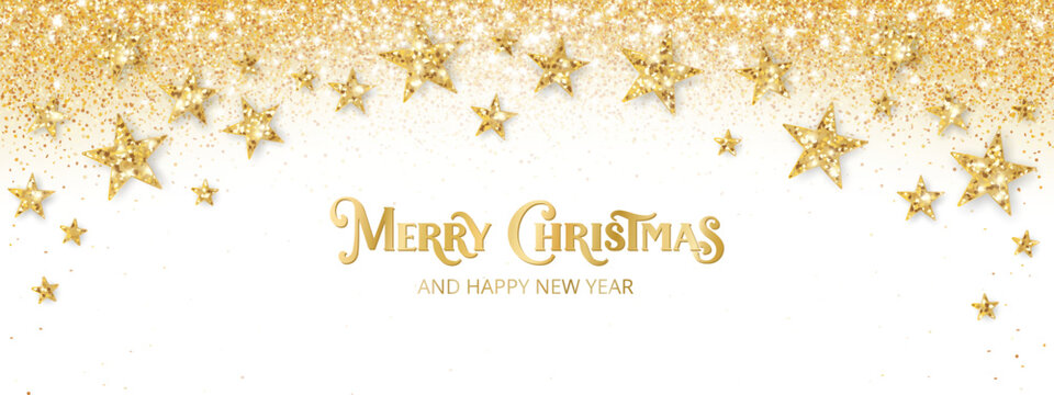 Golden glitter stars and confetti on white background. Merry Christmas lettering. Shiny festive border frame for Christmas and New Year greeting banners and celebration design. Vector.