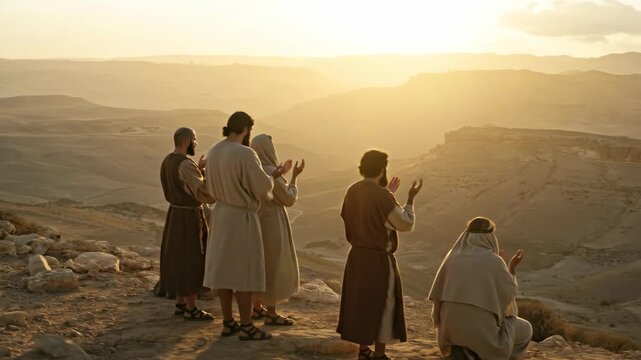 Men gathering on hill overlooking desert at sunset, praying with hands raised in biblical scene, religious theme footage.