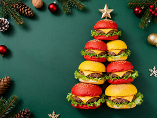 Festive color burger Christmas tree on green background, text space