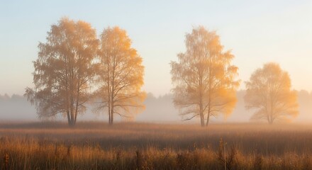 Golden Trees in Misty Meadow at Sunrise - A Serene Autumn Landscape.