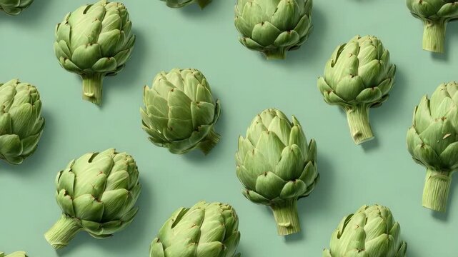 Green globe artichokes scattered on a mint-green background