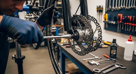 Man in gloves repairing a bicycle wheel with tools in a workshop with organized tools on the wall