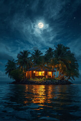 A cozy wooden cabin on a small tropical island at night
