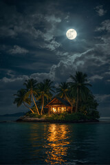 A cozy wooden cabin on a small tropical island at night