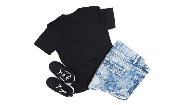 Stylish Casual Outfit Black T-Shirt, Denim Shorts, and Sneakers - Powered by Adobe