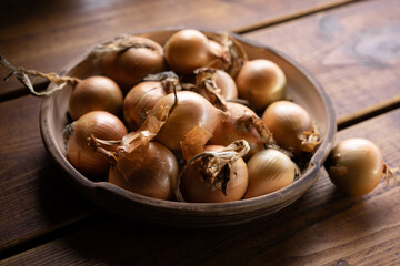 Freshly harvested onions displayed in a rustic bowl on a wooden table in a warm kitchen setting