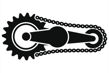Black motorcycle chain and gear icon isolated on white background, mechanical transmission system symbol, motorbike part design concept, simple engineering component illustration