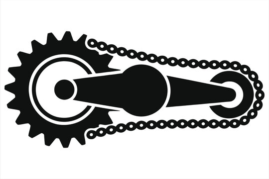 Black motorcycle chain and gear icon isolated on white background, mechanical transmission system symbol, motorbike part design concept, simple engineering component illustration